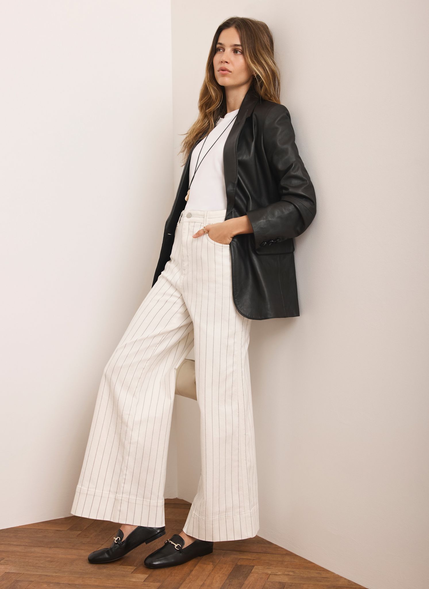 White Pinstripe Wide Jeans