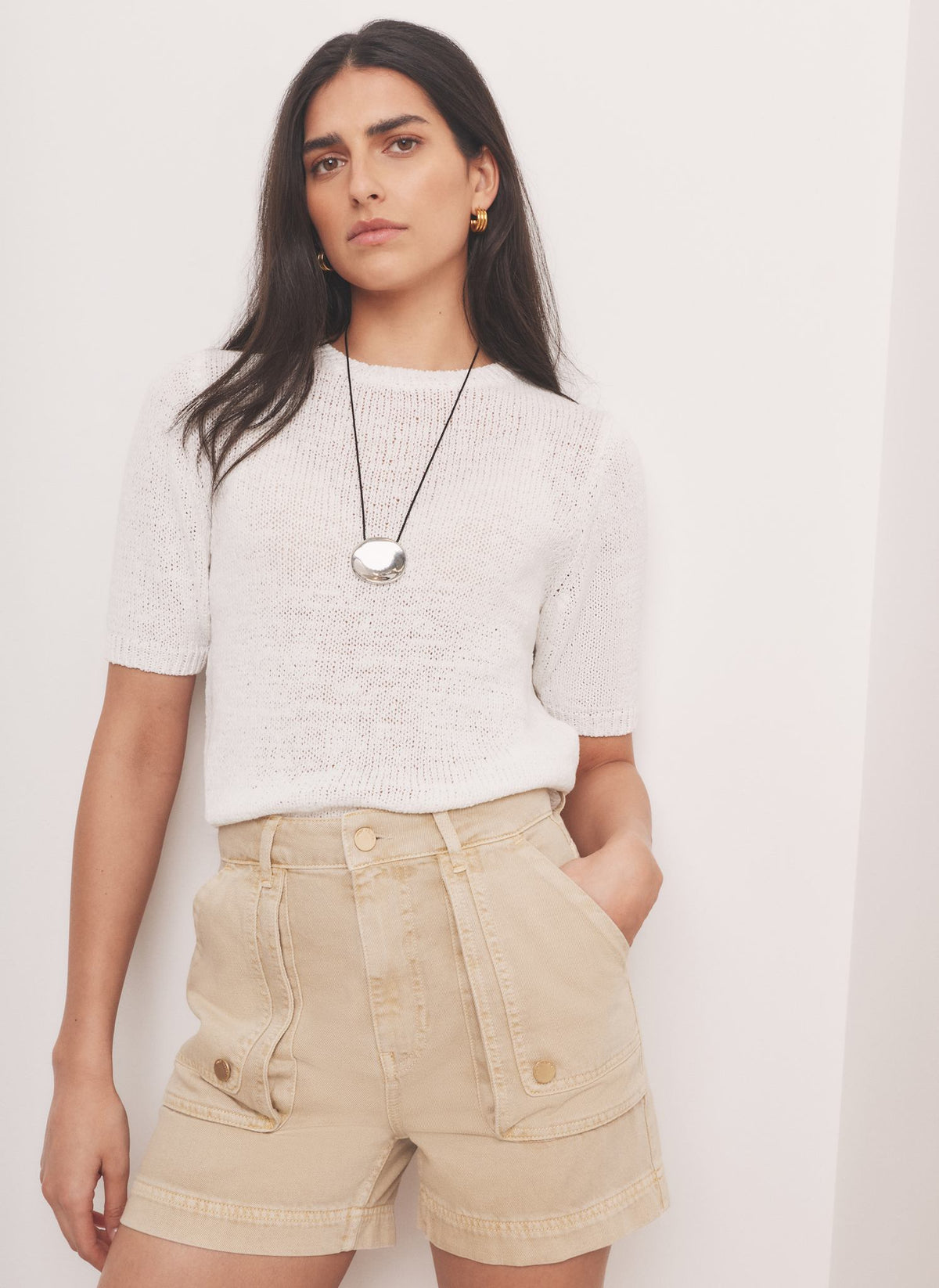 White Cotton Blend Knit Top