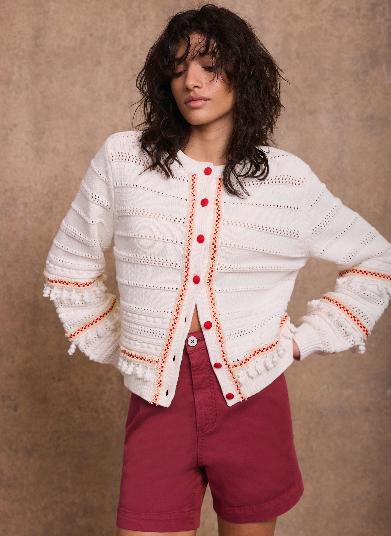 Cream Cotton Blend Tassel Cardigan