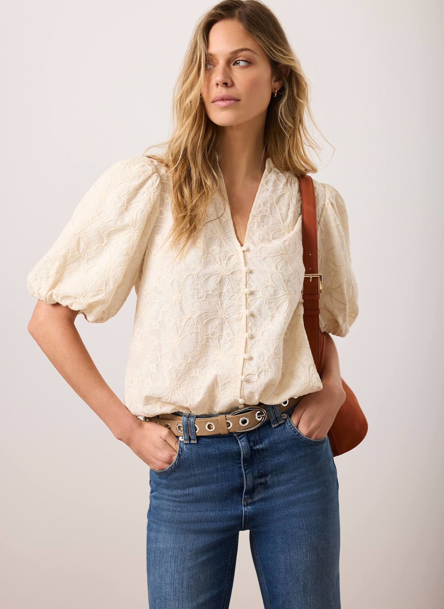 Cream Cotton Textured Floral Top