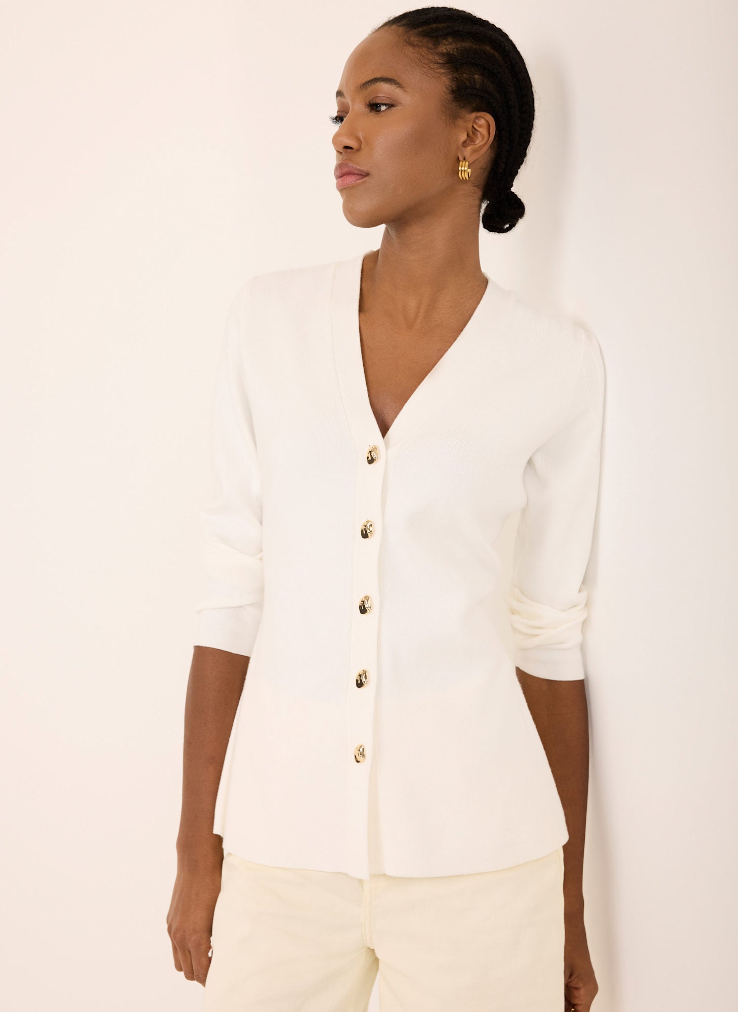 Cream V Neck Longline Cardigan
