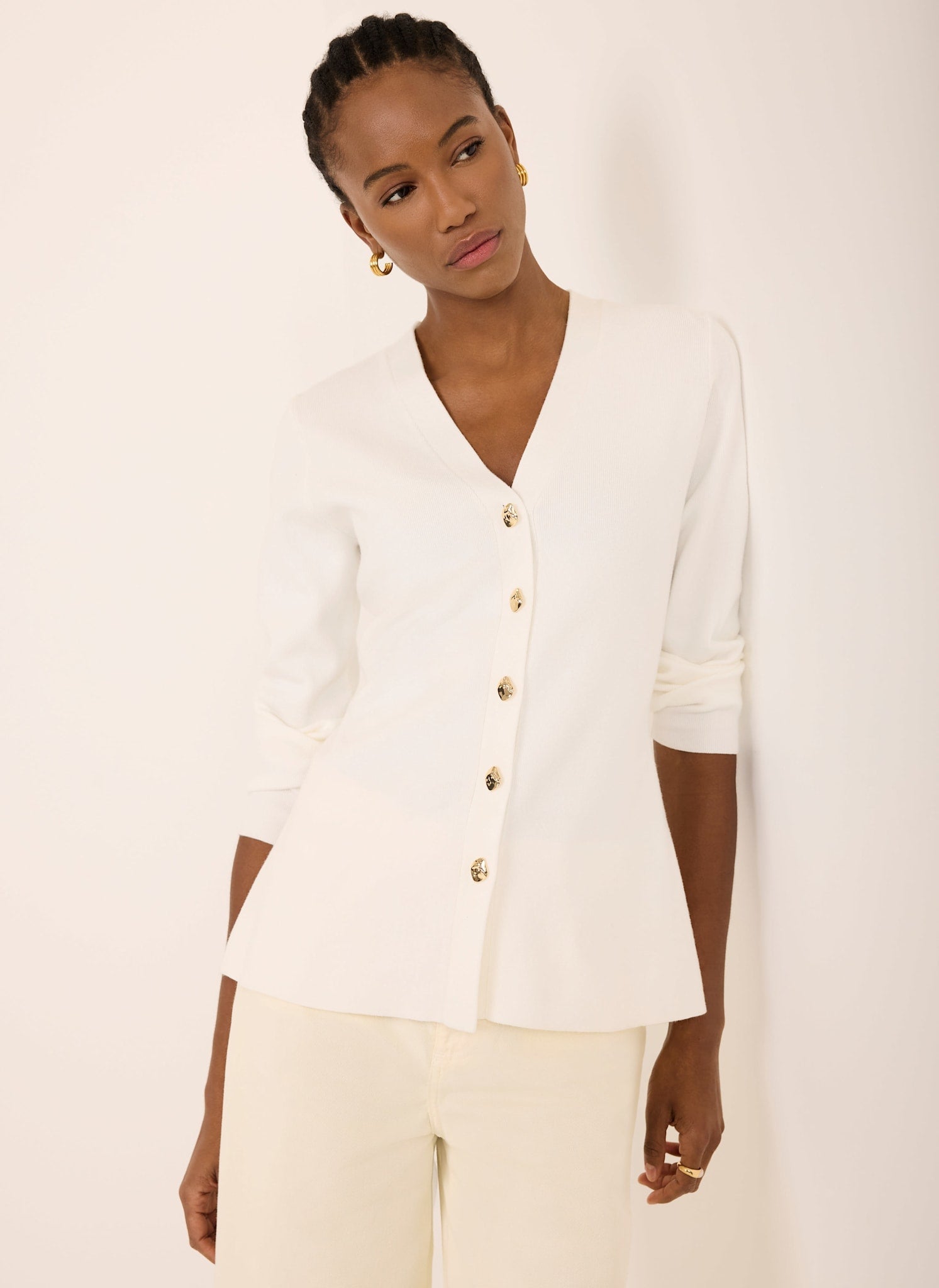 Cream V Neck Longline Cardigan