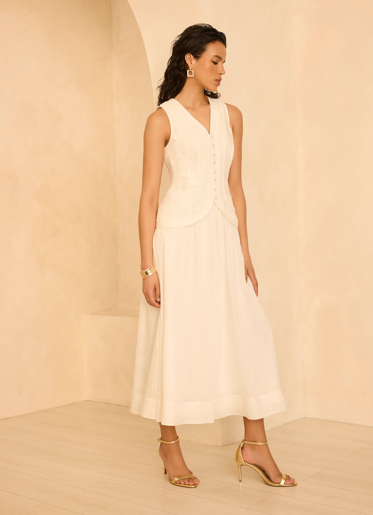 White Linen Blend Waistcoat Maxi Dress