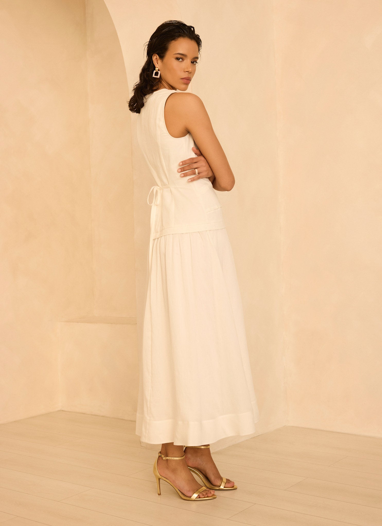 White Linen Blend Waistcoat Maxi Dress