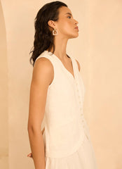 White Linen Blend Waistcoat Maxi Dress
