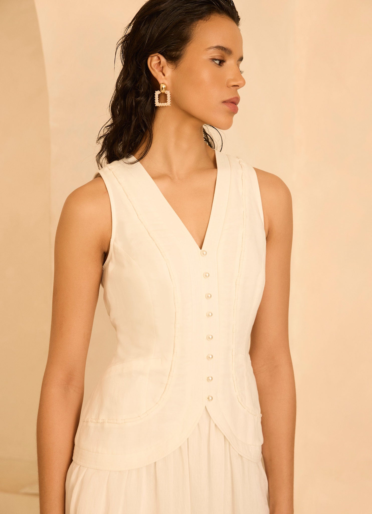 White Linen Blend Waistcoat Maxi Dress