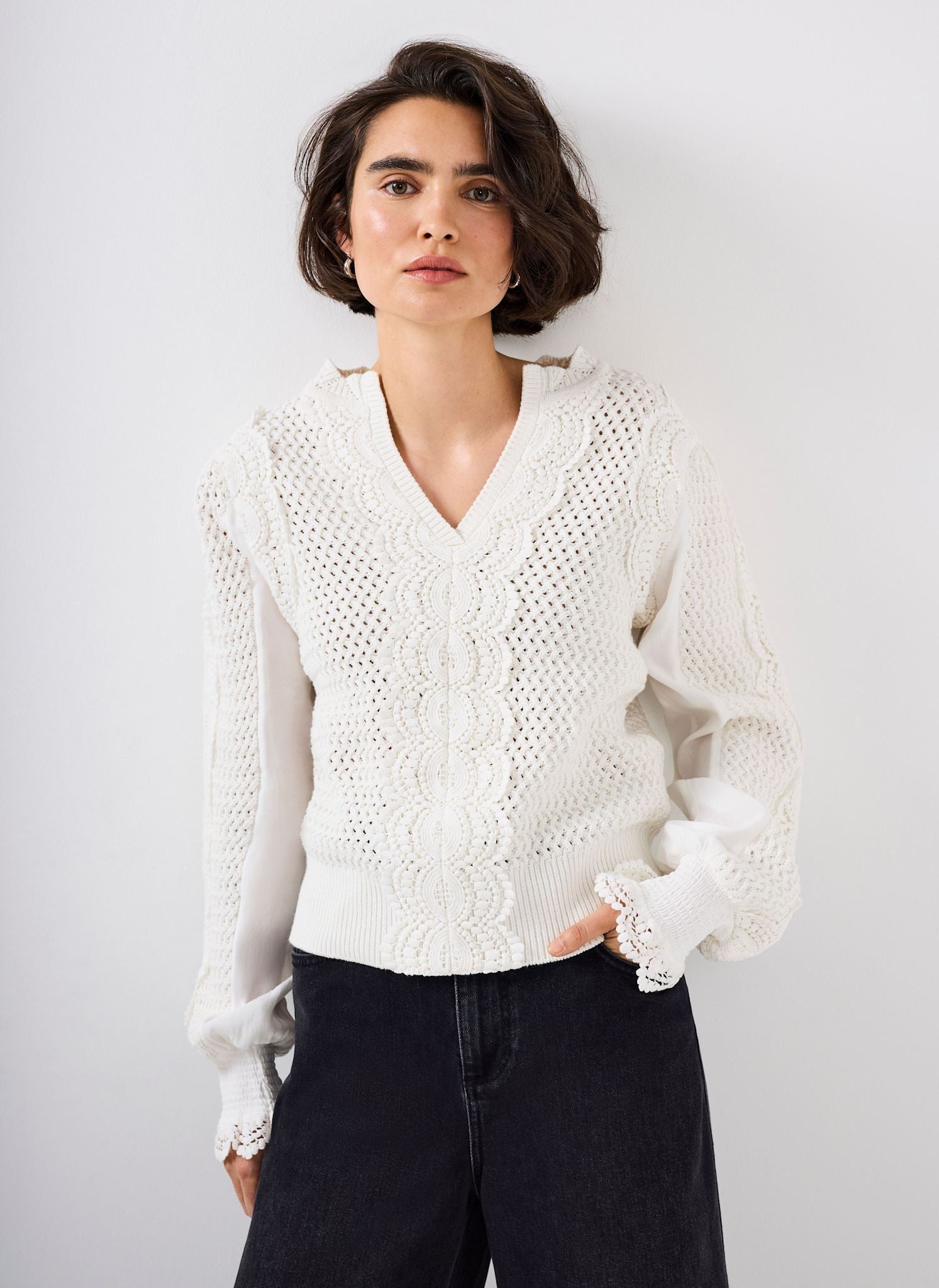 White Cotton Blend Crochet Detail Jumper