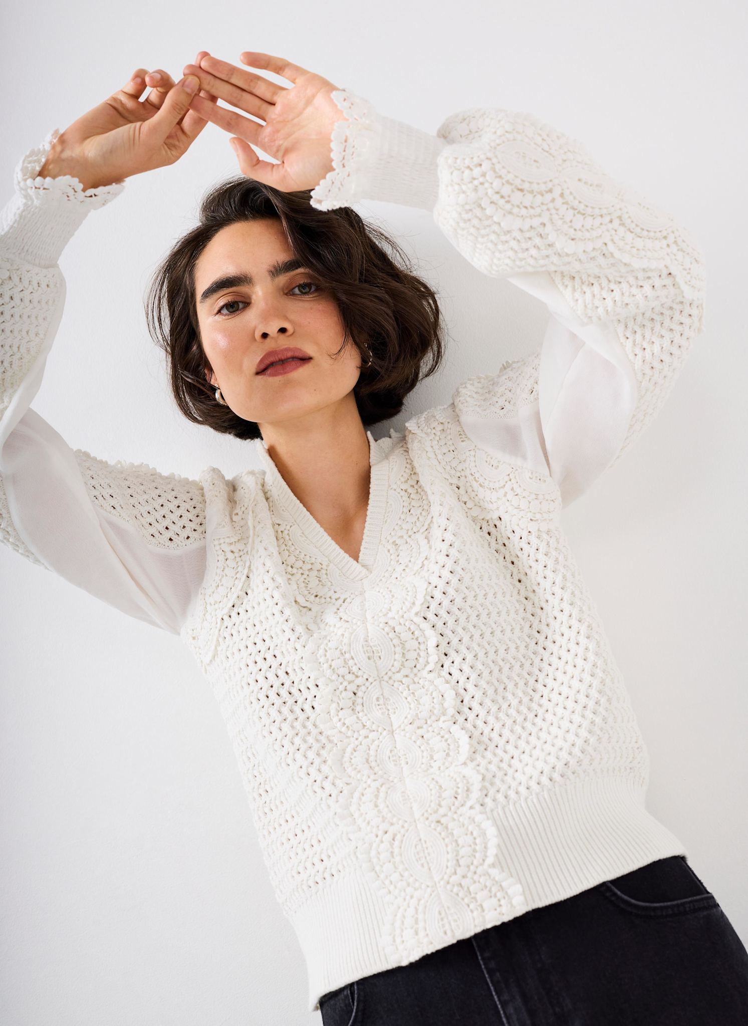 White Cotton Blend Crochet Detail Jumper
