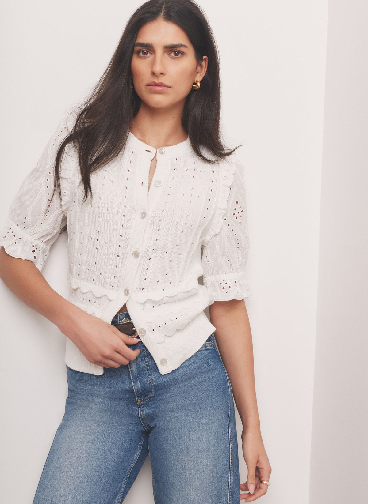 White Cotton Broderie Knit Top