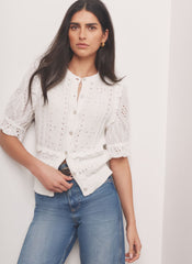 White Cotton Broderie Knit Top
