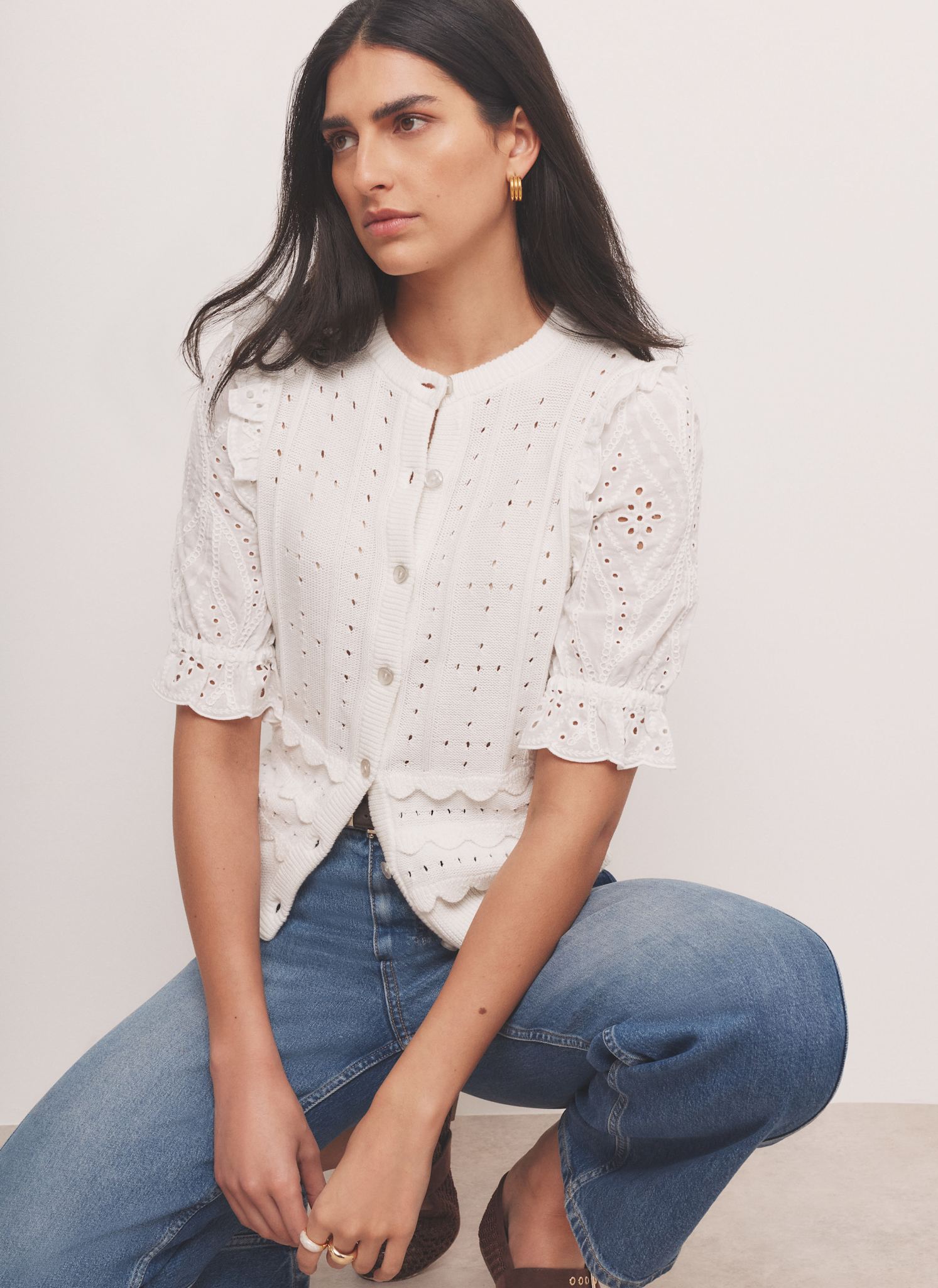 White Cotton Broderie Knit Top