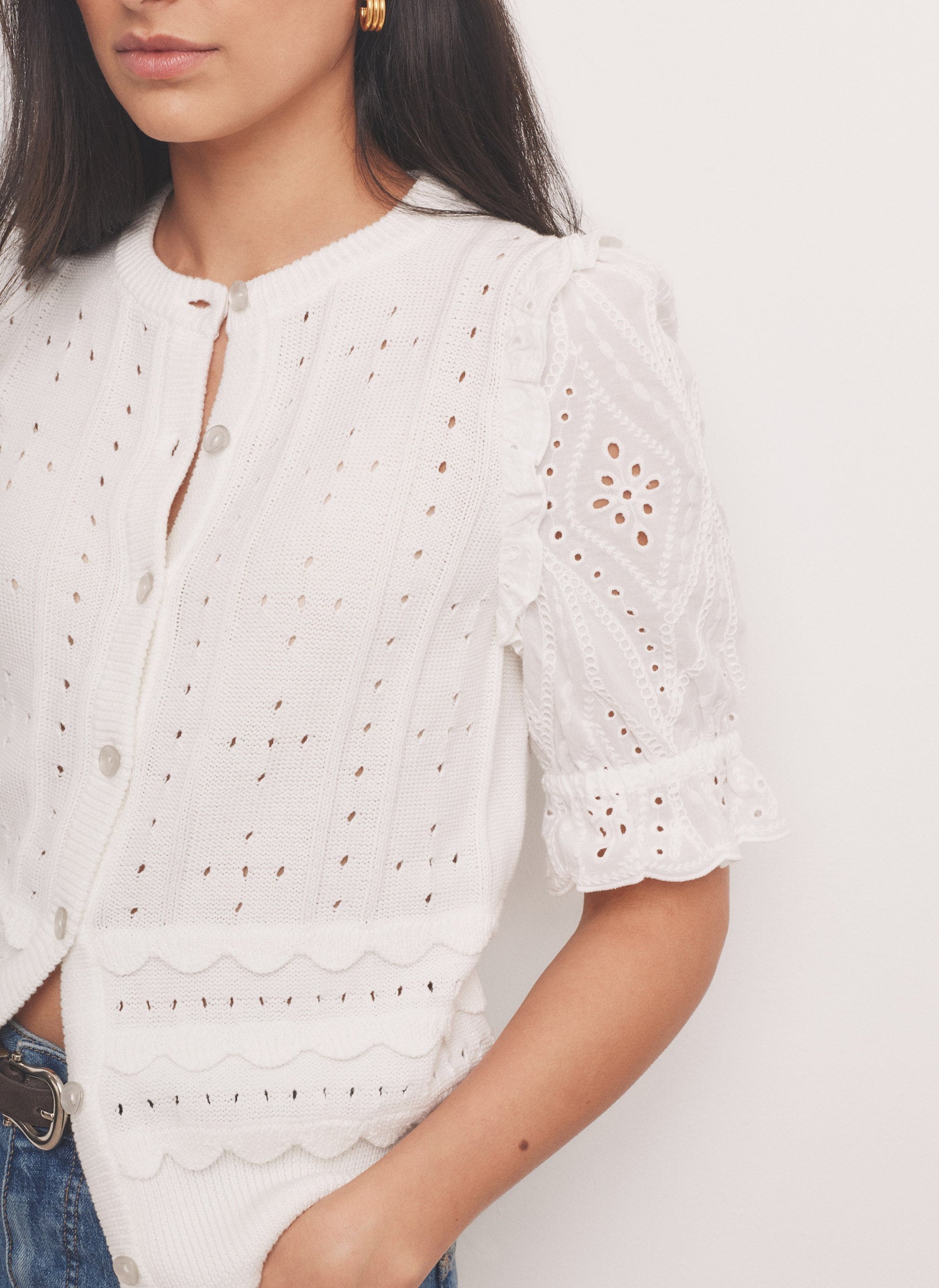 White Cotton Broderie Knit Top