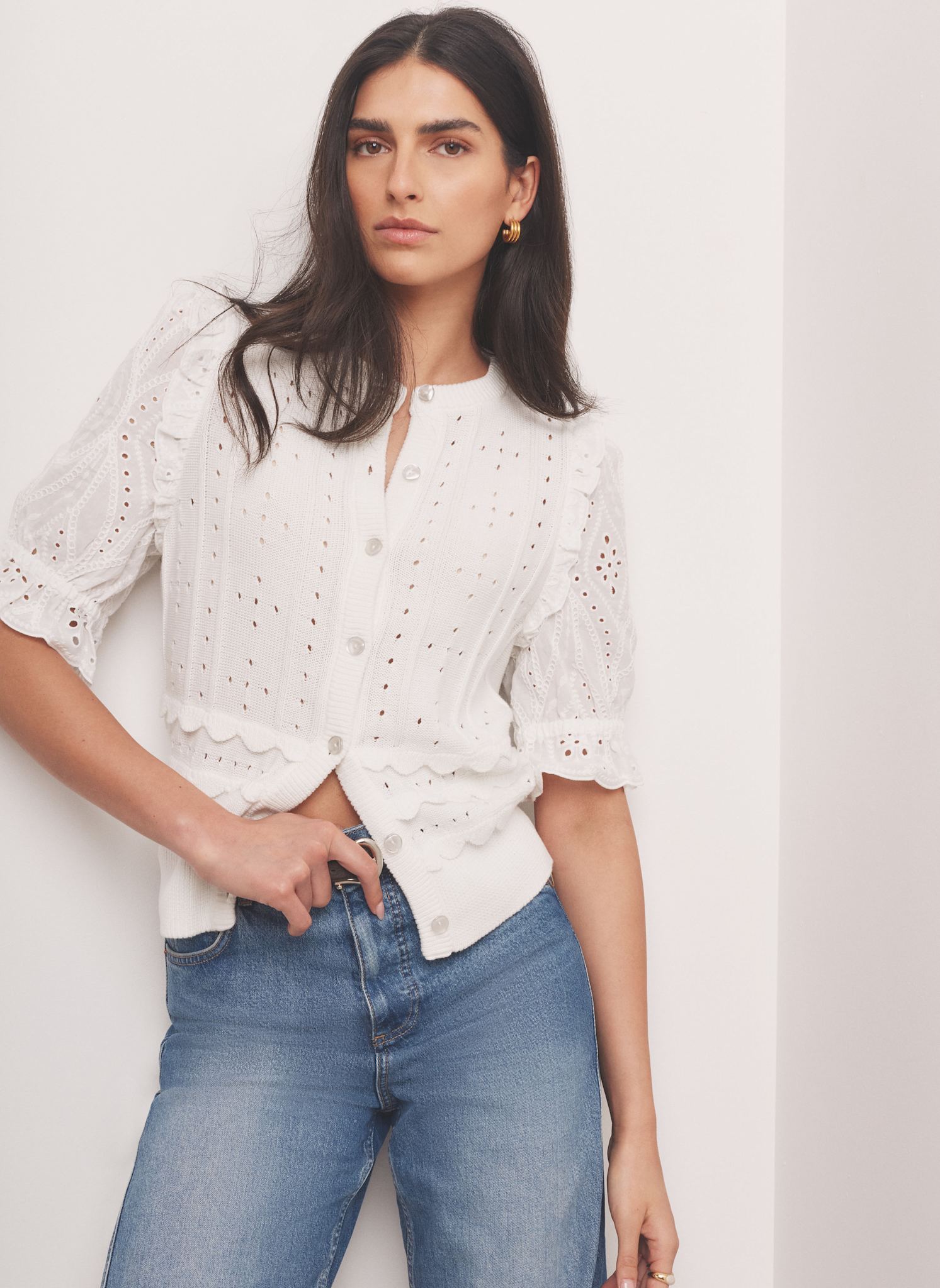 White Cotton Broderie Knit Top