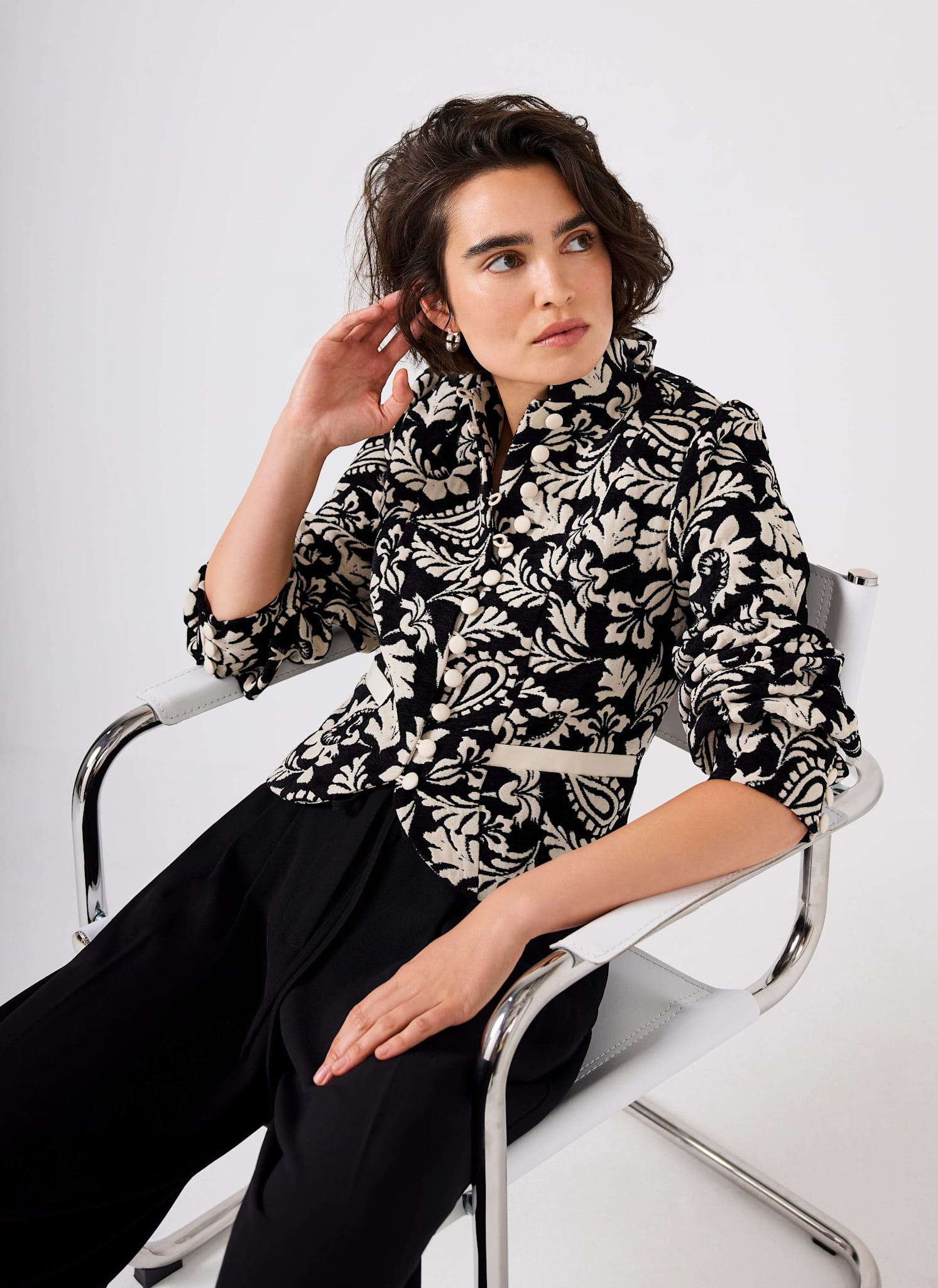 Black Jacquard Floral Cropped Jacket