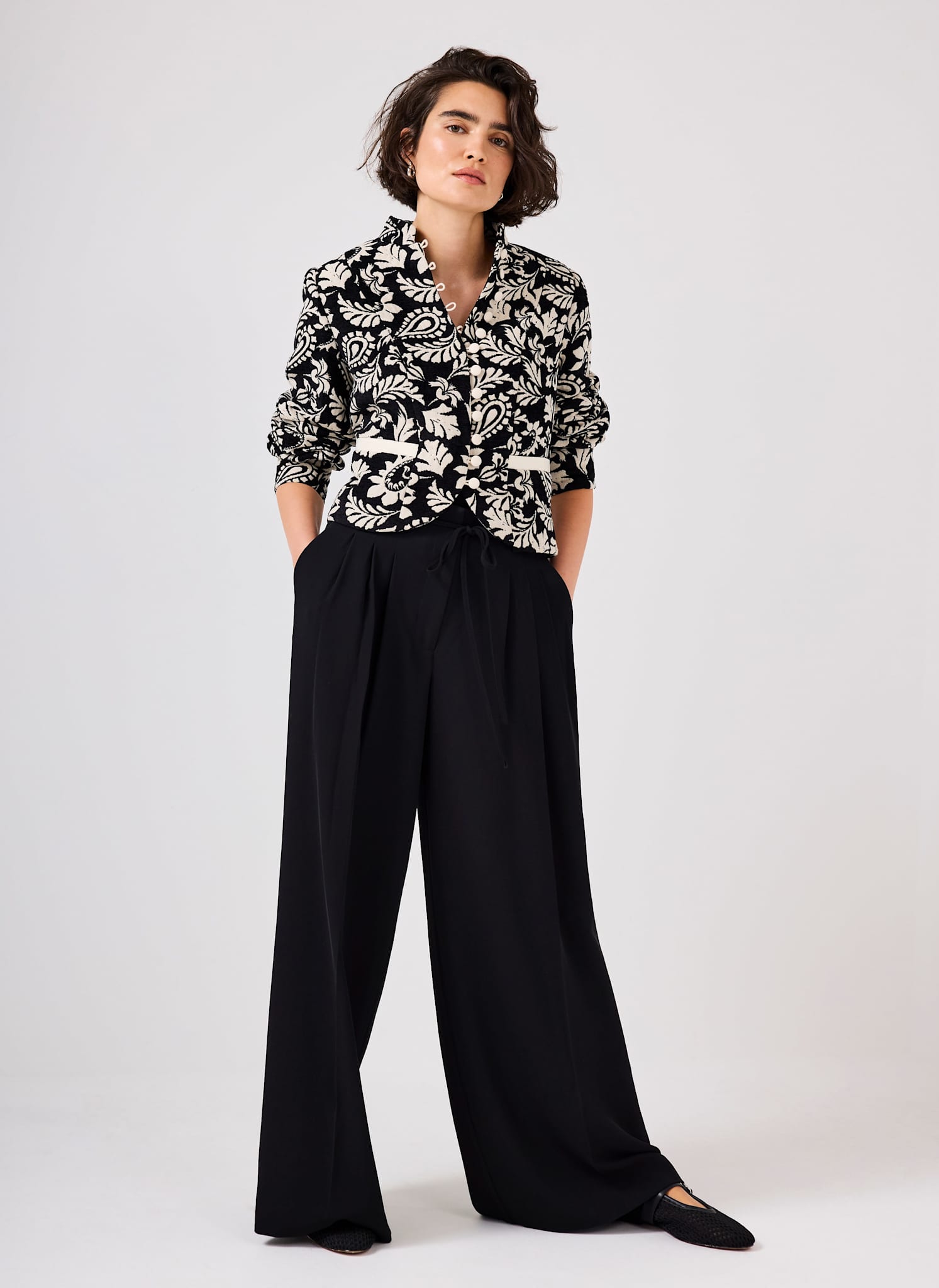 Black Jacquard Floral Cropped Jacket
