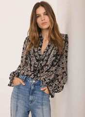 Black Butterfly Print Ruffle Blouse