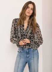 Black Butterfly Print Ruffle Blouse