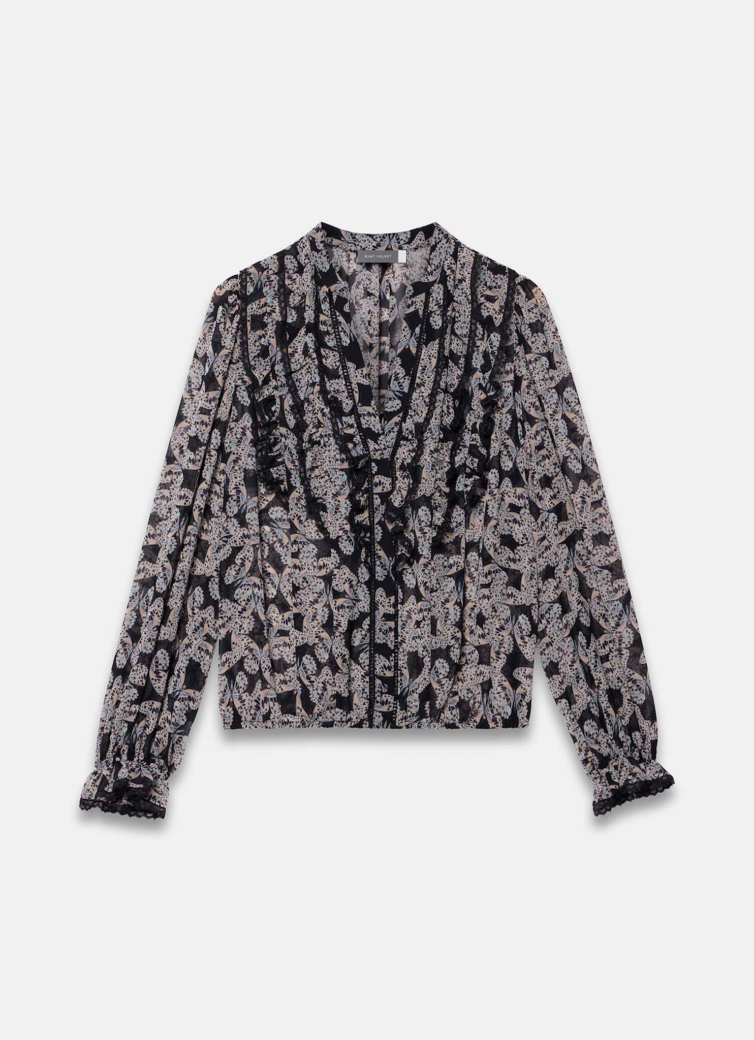 Black Butterfly Print Ruffle Blouse
