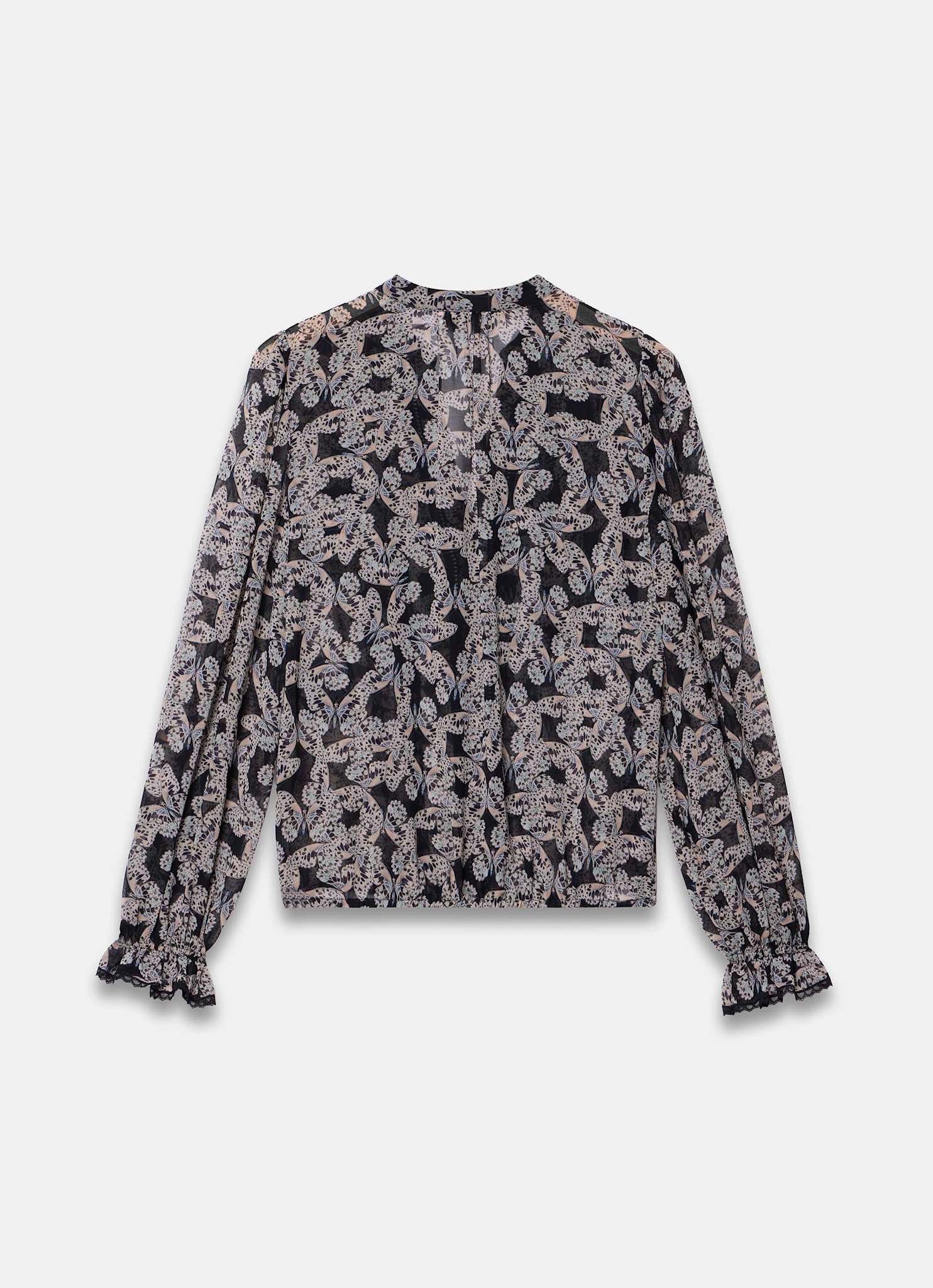 Black Butterfly Print Ruffle Blouse