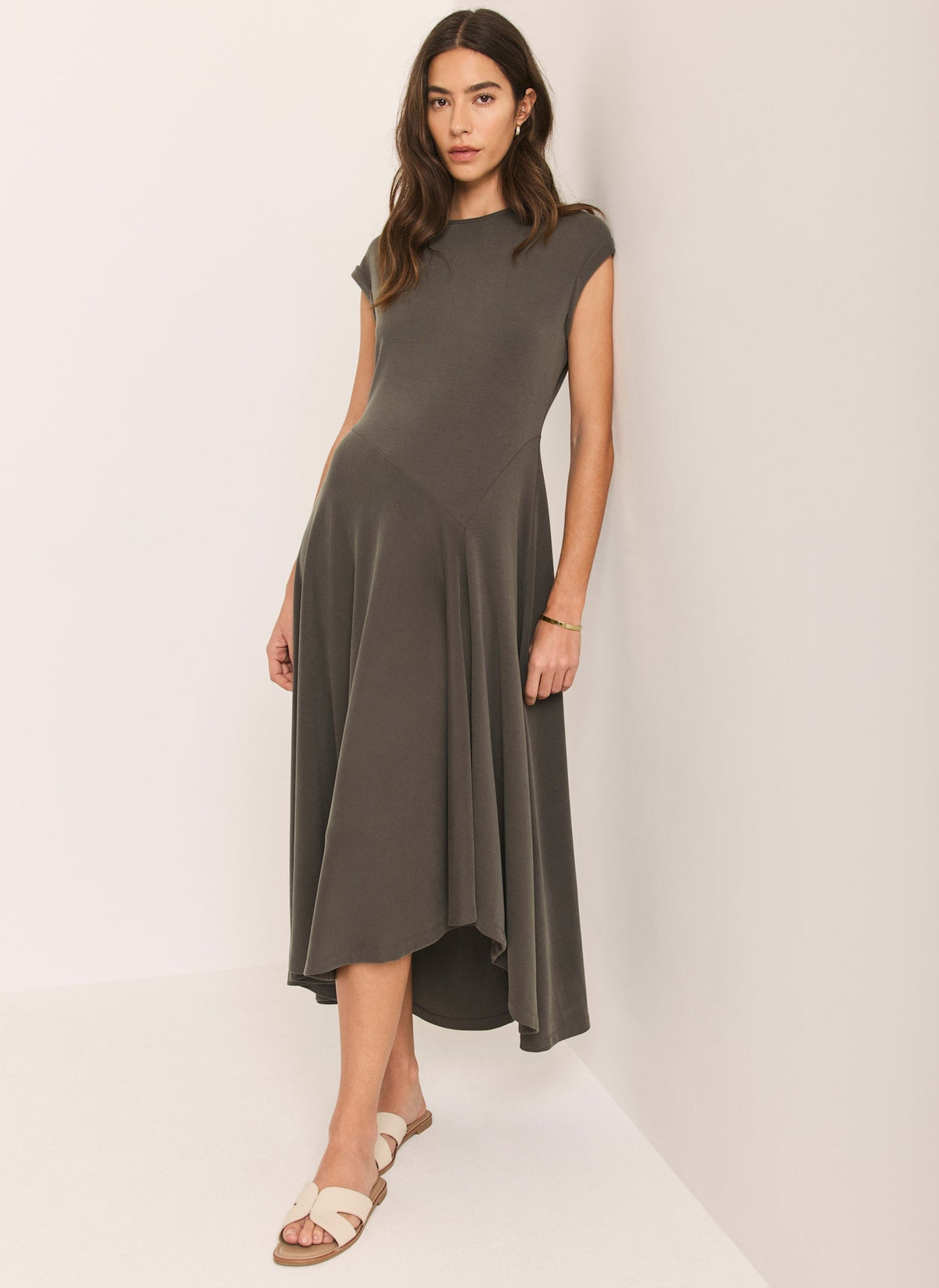 Khaki Jersey Asymmetric Midi Dress