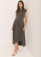 Khaki Jersey Asymmetric Midi Dress