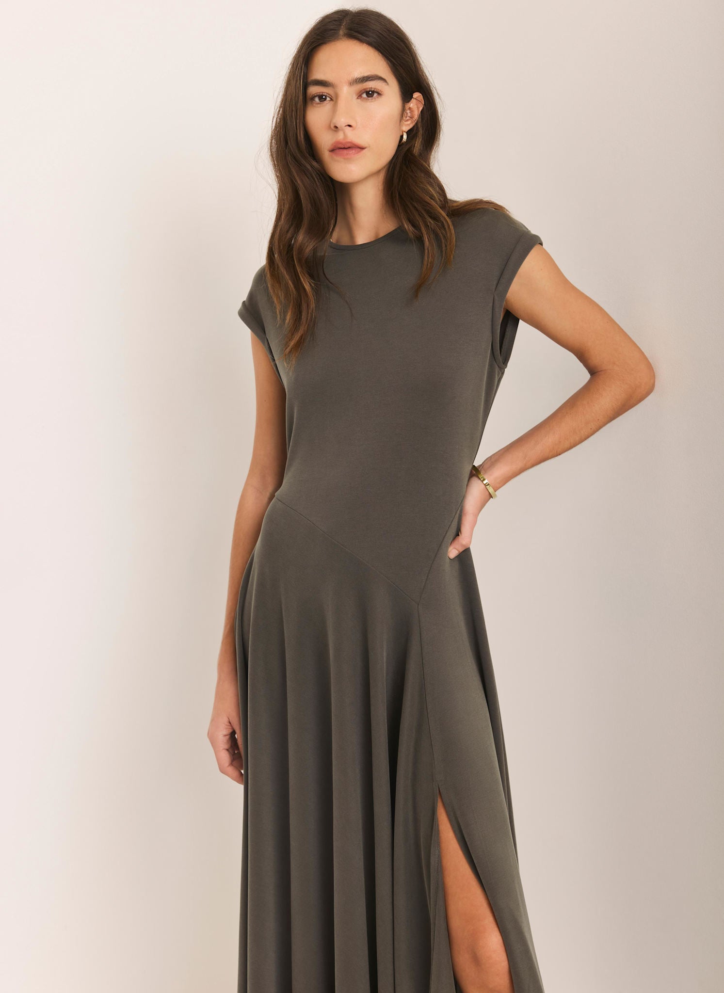 Khaki Jersey Asymmetric Midi Dress