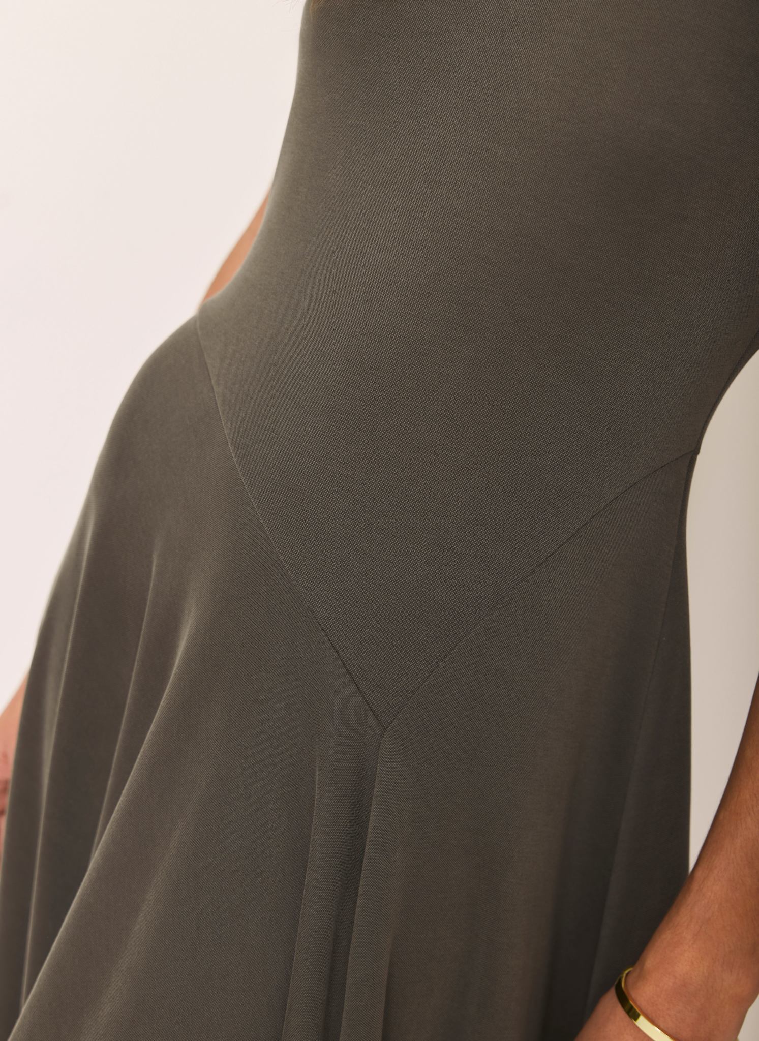 Khaki Jersey Asymmetric Midi Dress