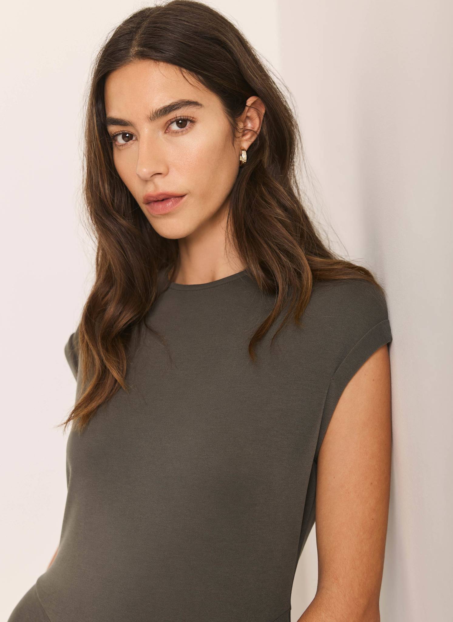 Khaki Jersey Asymmetric Midi Dress