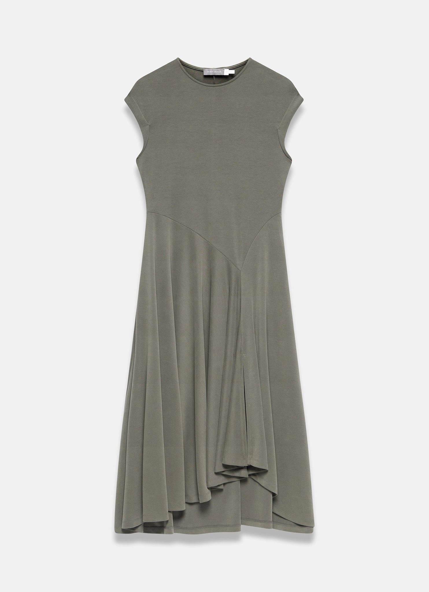 Khaki Jersey Asymmetric Midi Dress