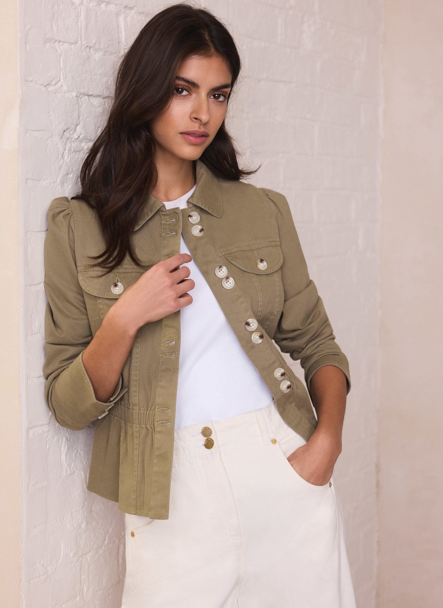Khaki Cotton Blend Peplum Jacket