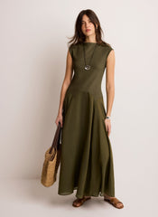 Khaki Sleeveless Drop Waist Midi Dress