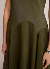 Khaki Sleeveless Drop Waist Midi Dress