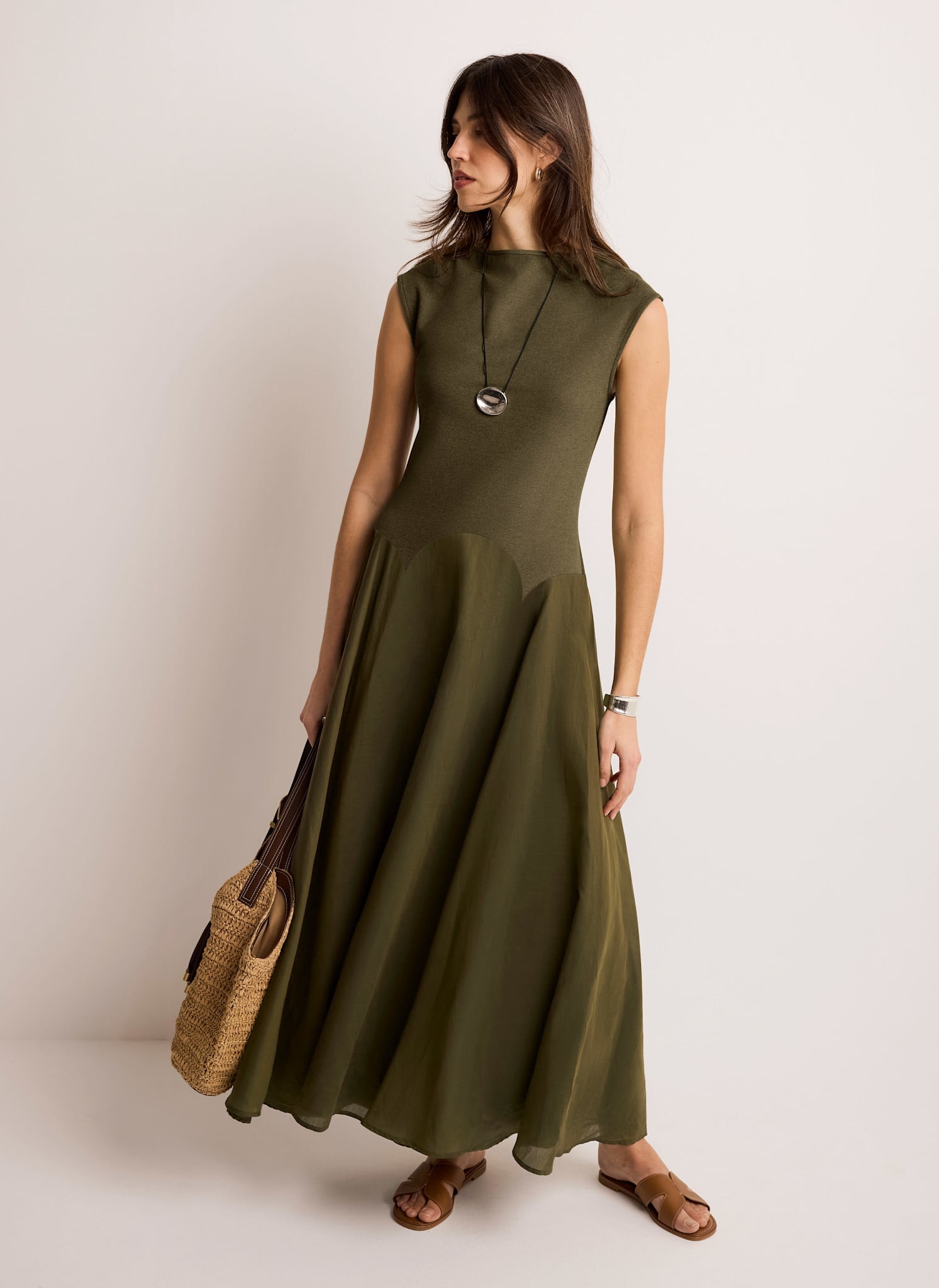 Khaki Sleeveless Drop Waist Midi Dress