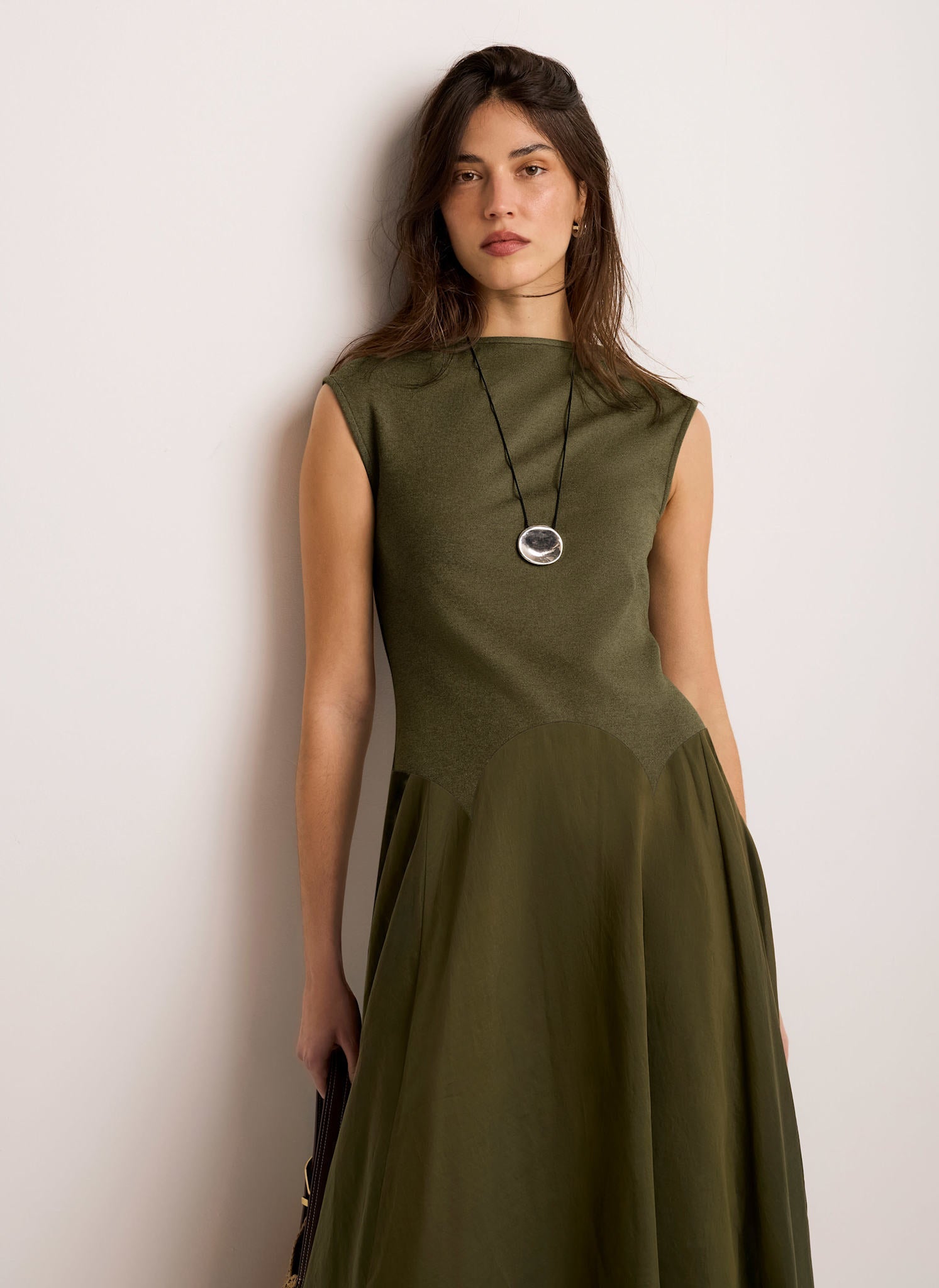 Khaki Sleeveless Drop Waist Midi Dress