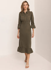 Khaki Denim Midi Shirt Dress