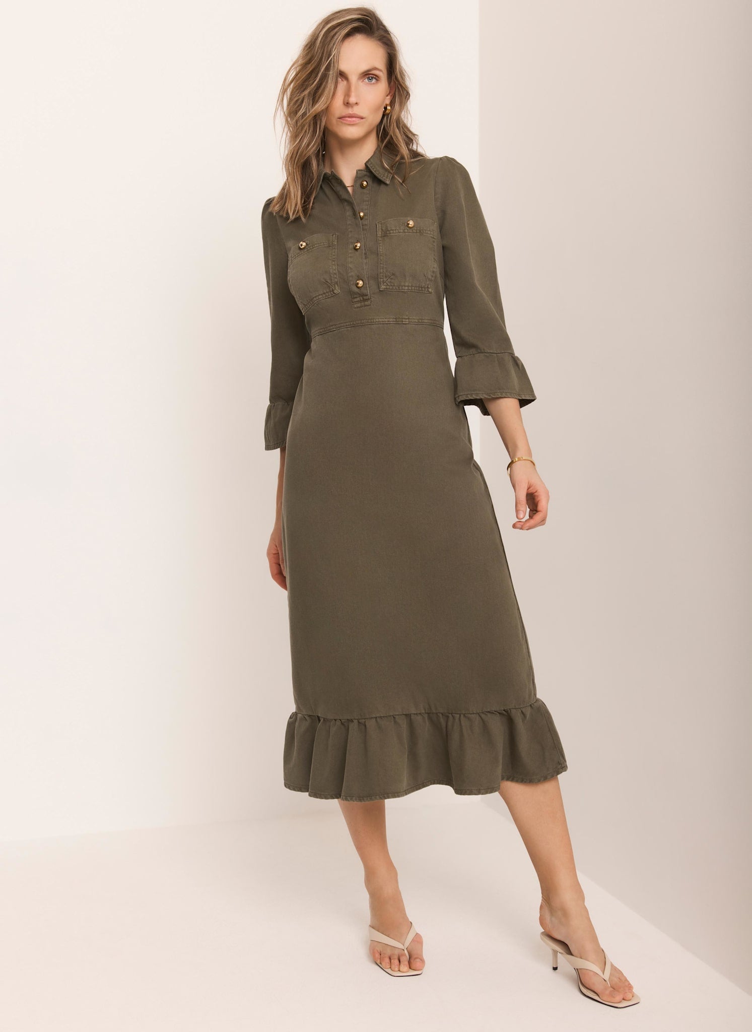 Khaki Denim Midi Shirt Dress