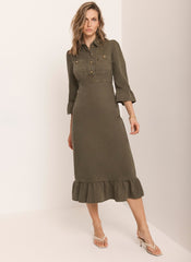 Khaki Denim Midi Shirt Dress