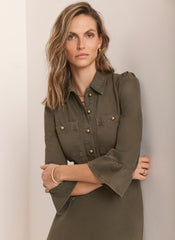 Khaki Denim Midi Shirt Dress