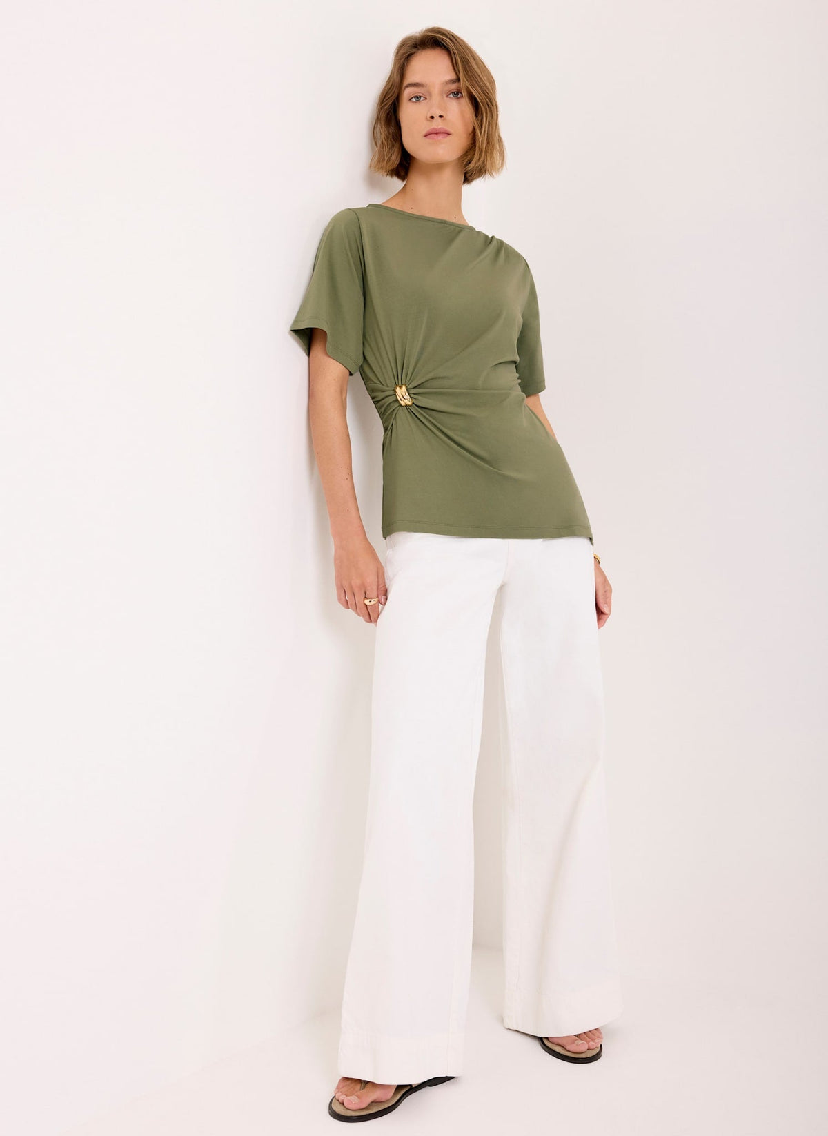 Khaki Gathered Detail Top
