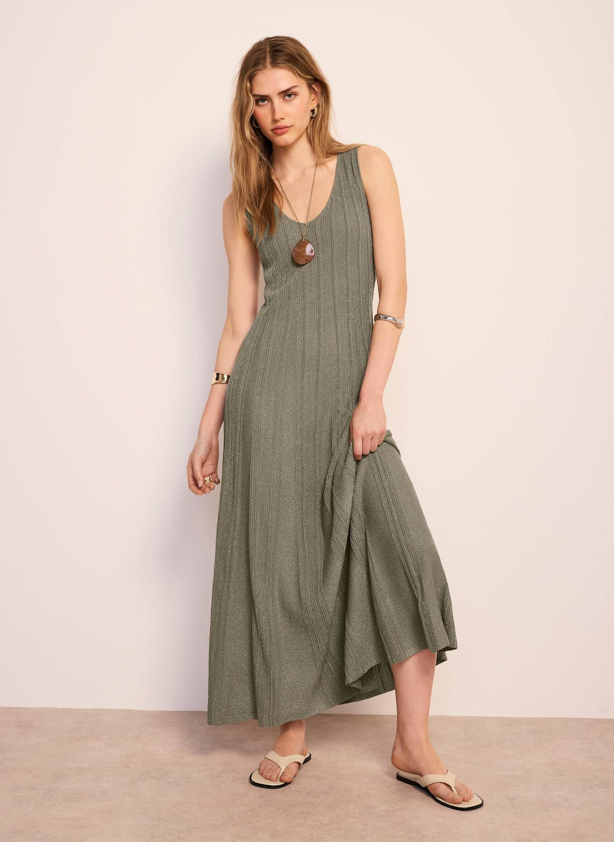 Khaki Sleeveless Knit Midi Dress