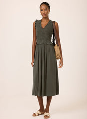 Khaki Shirred Ruffle Midi Dress
