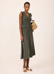 Khaki Shirred Ruffle Midi Dress