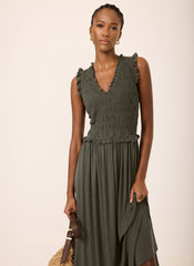 Khaki Shirred Ruffle Midi Dress