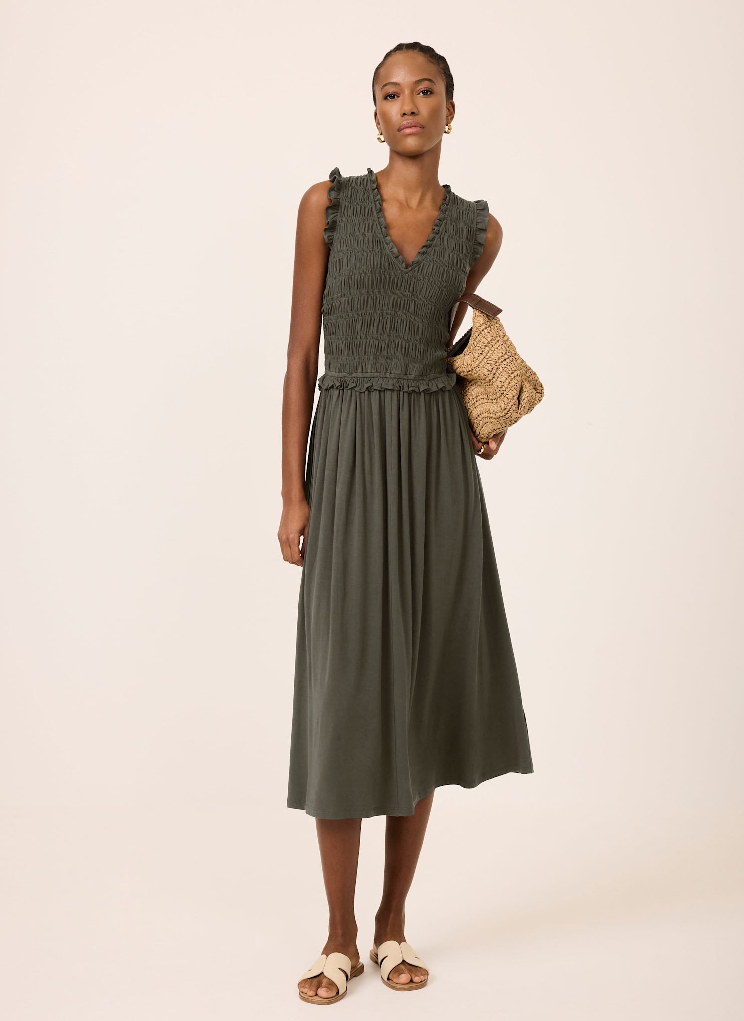 Khaki Shirred Ruffle Midi Dress