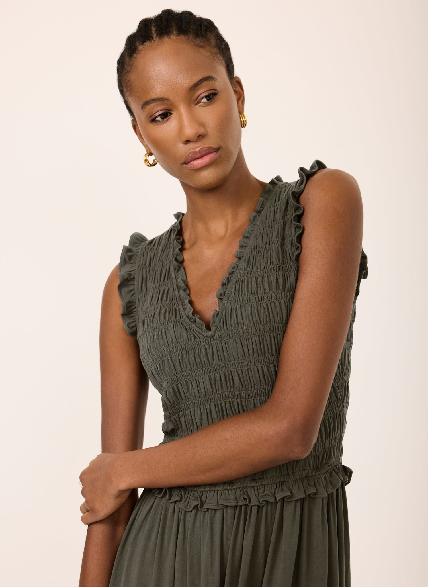 Khaki Shirred Ruffle Midi Dress