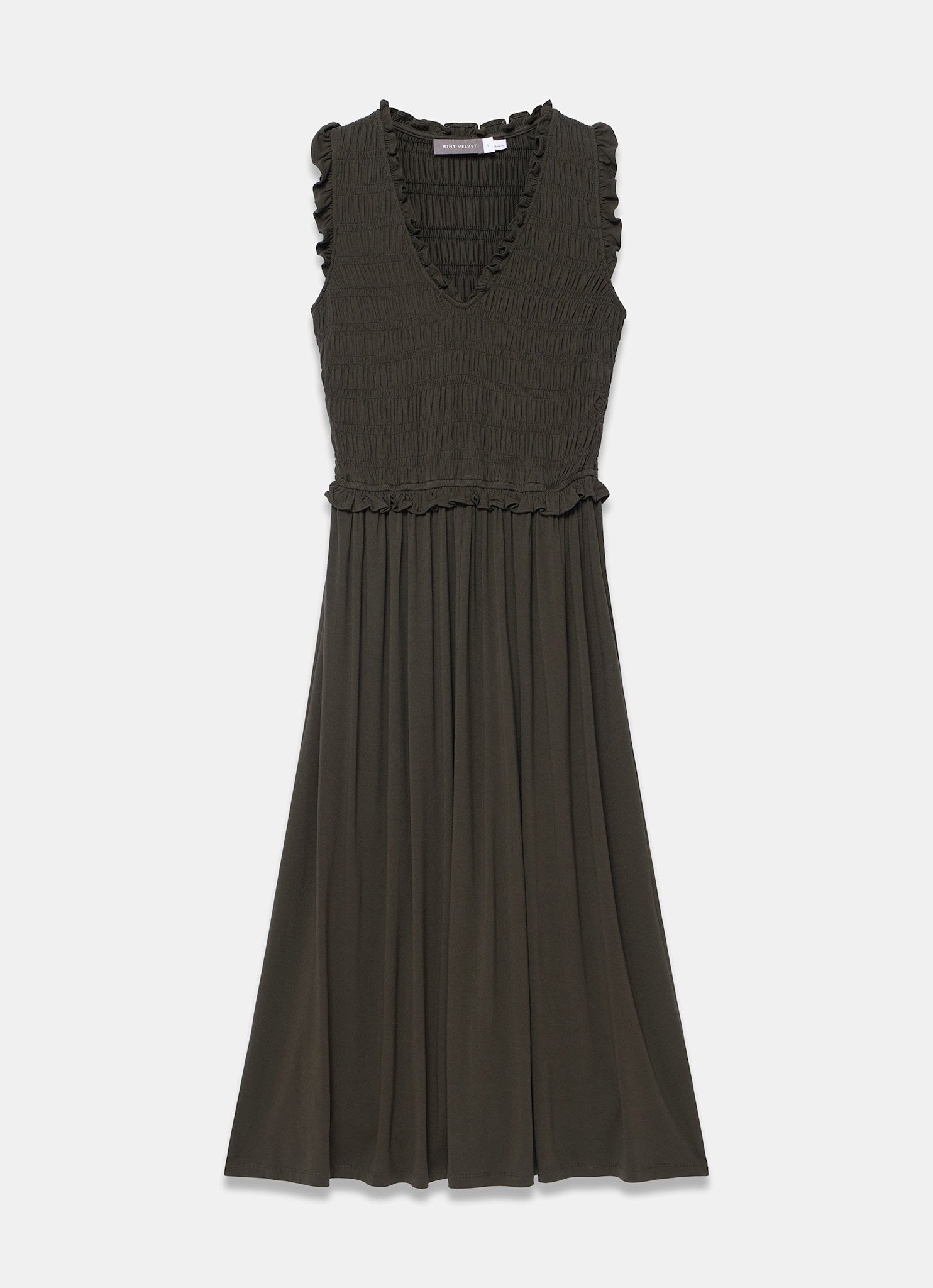 Khaki Shirred Ruffle Midi Dress