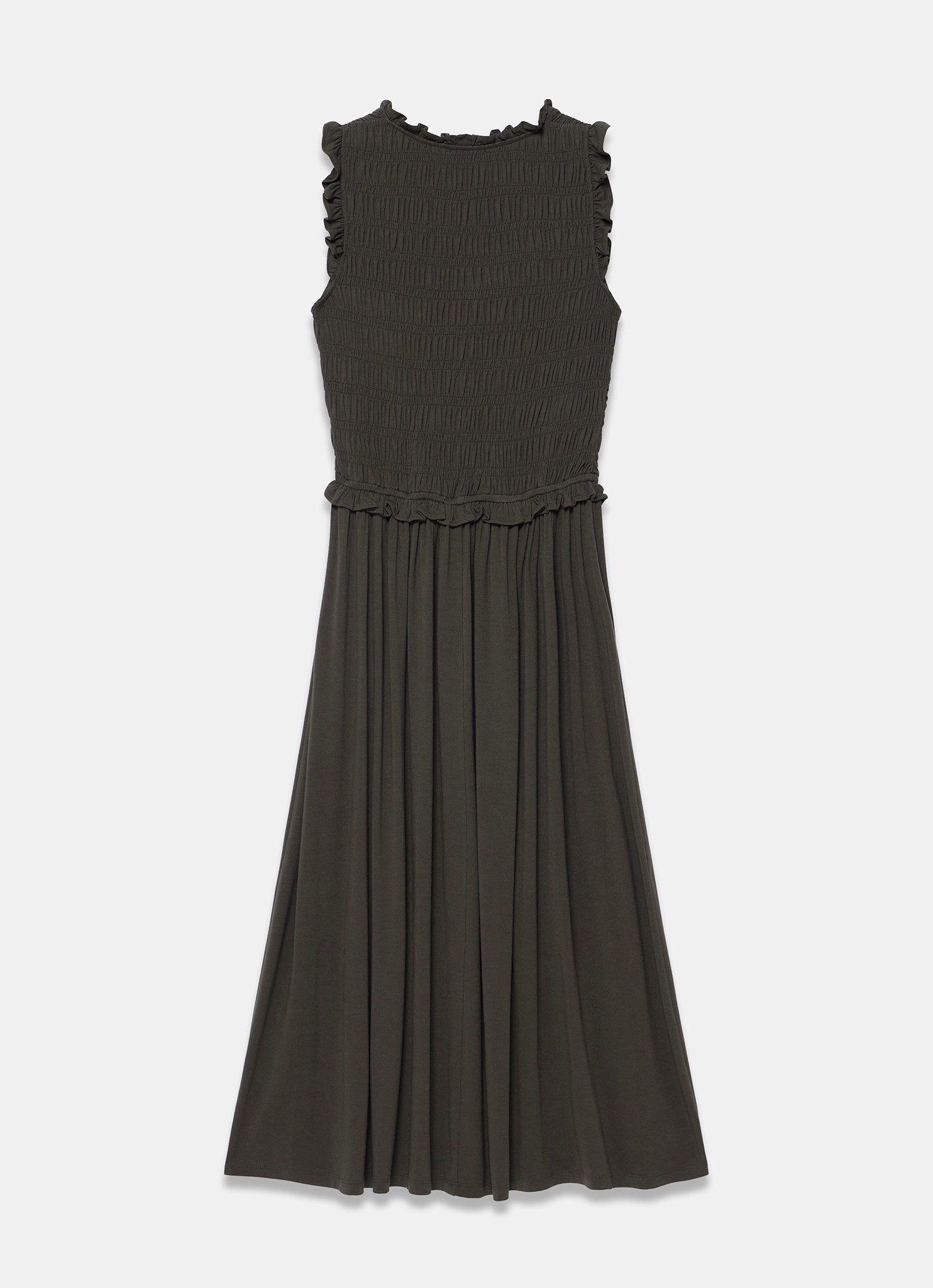 Khaki Shirred Ruffle Midi Dress