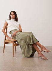 Khaki Satin Slip Midi Skirt