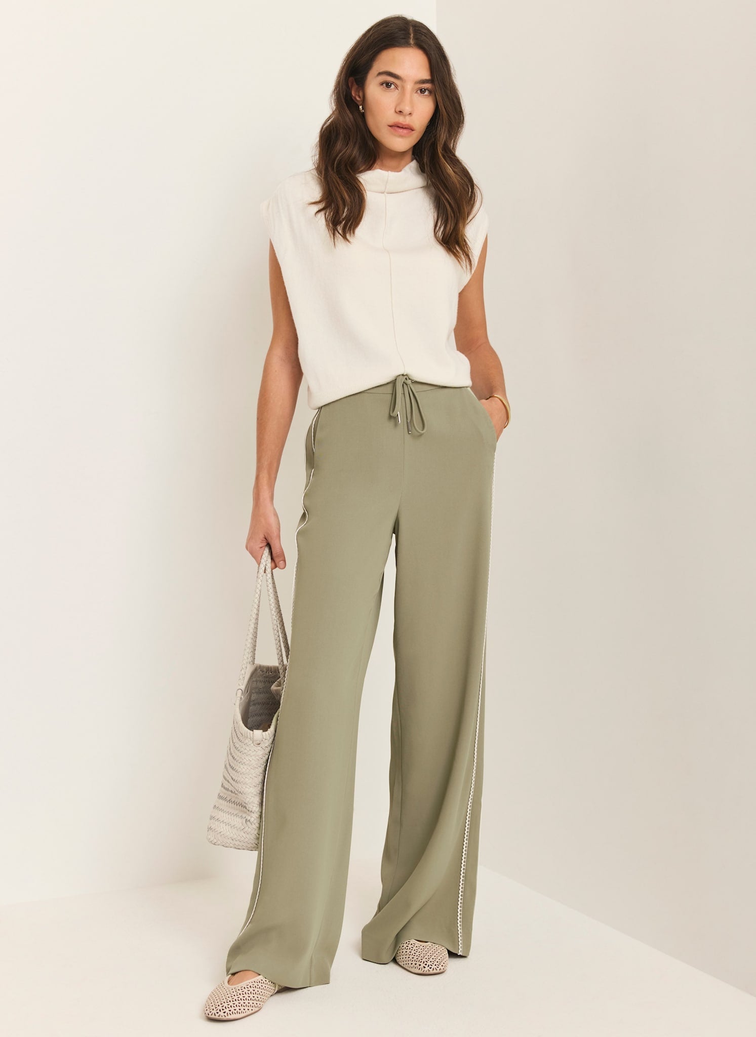 Khaki Scallop Side Stripe Wide Trousers