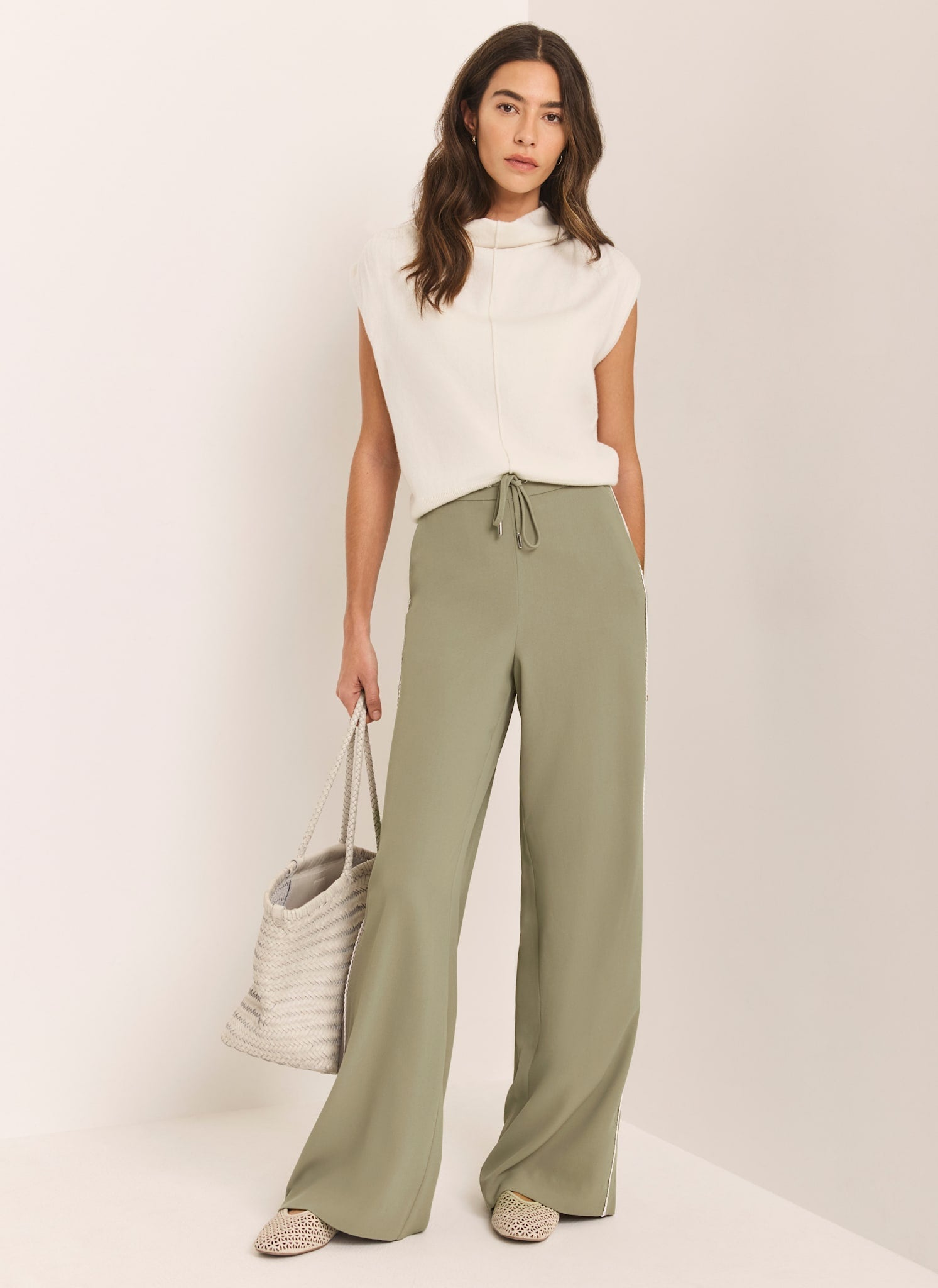 Khaki Scallop Side Stripe Wide Trousers